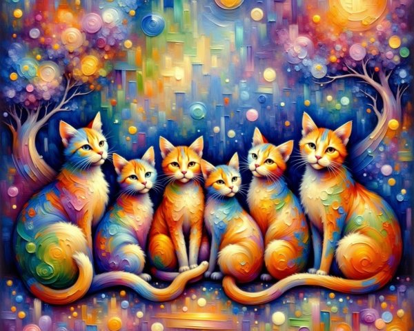 Colorful Artwork of Six Stylized Cats in Harmony