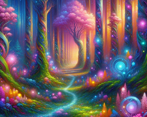 Enchanted forest with glowing lights and vibrant colors
