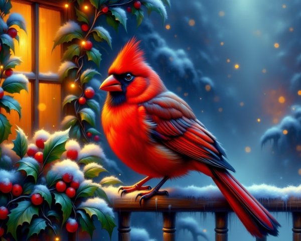 Cardinal on Snowy Railing with Holly Berries