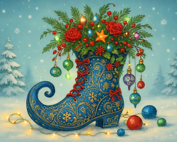 Decorative Blue Winter Boot with Christmas Bouquet Elements