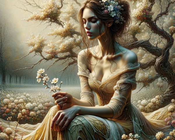 Young woman in floral gown in serene landscape