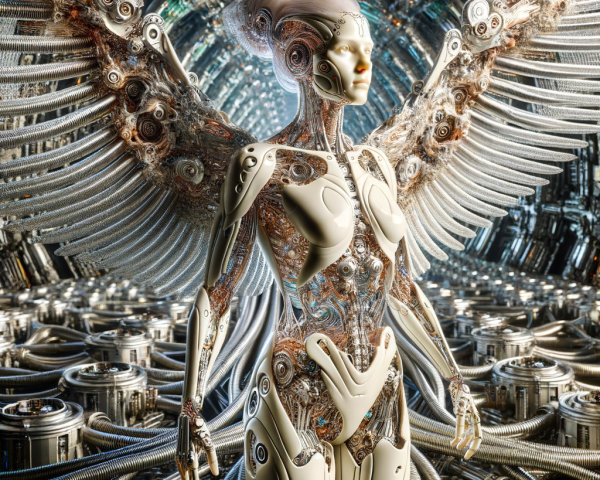 Futuristic Humanoid Robot with Angelic Wings in Tech Setting