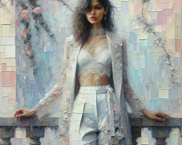 Woman in Elegant Modern-Vintage Outfit Against Pastel Background