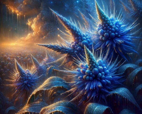 Surreal Landscape with Spiky Blue Flora and Cosmic Sky