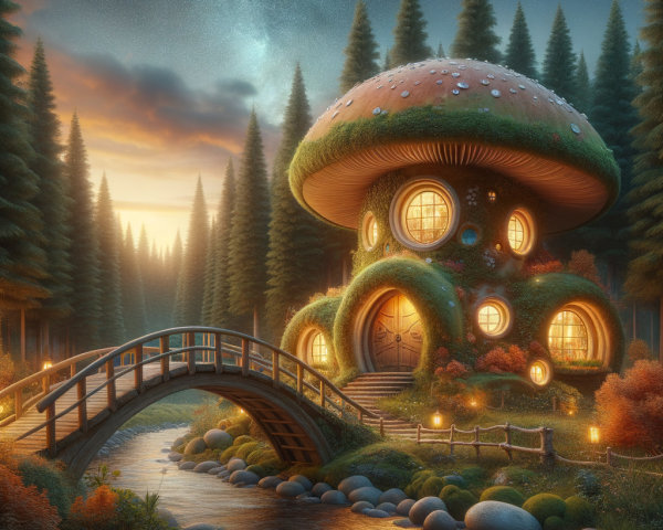 Whimsical Mushroom-Shaped House in Lush Forest Setting