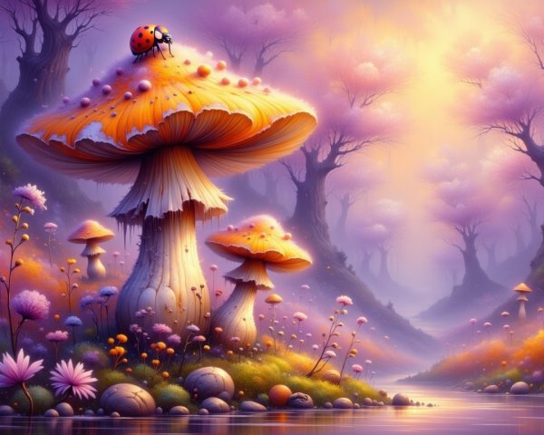 Vibrant Fairy Tale Landscape with Giant Mushroom