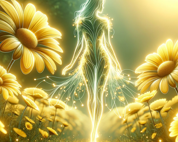 Ethereal figure glowing in a field of yellow flowers