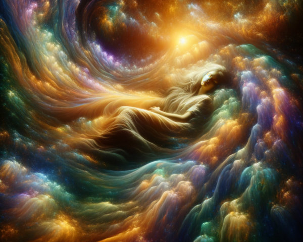 Woman Floating in Vibrant Cosmic Scene