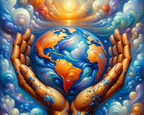 Vibrant Artwork of Golden Hands Cradling a Globe