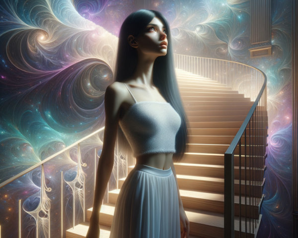 Young woman at base of spiraling staircase in cosmos