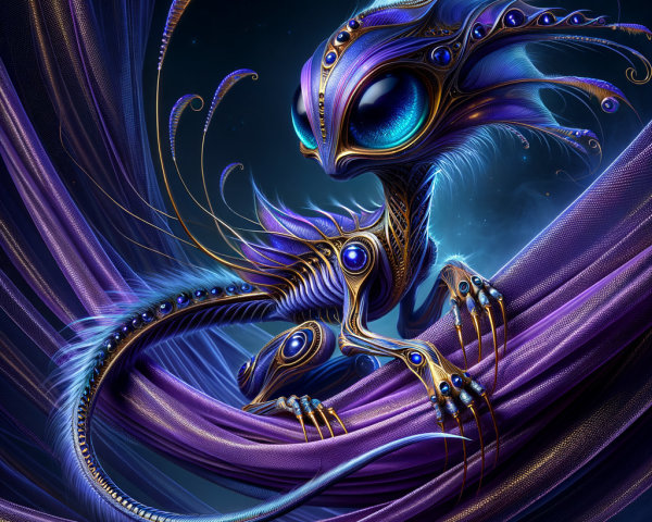 Vibrant Creature with Iridescent Eyes on Purple Fabric