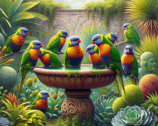 Colorful Lorikeets Splashing in Tropical Birdbath
