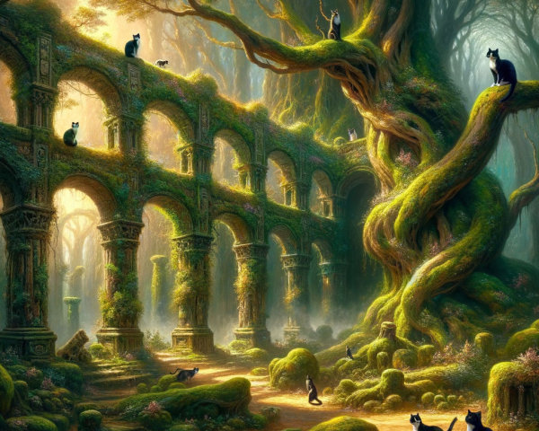 Mystical forest with ancient ruins and black cats