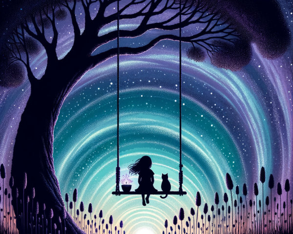Silhouette of Girl and Cat on Swing Under Starry Sky