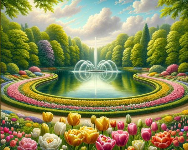 Picturesque Garden with Pond and Vibrant Flowerbeds
