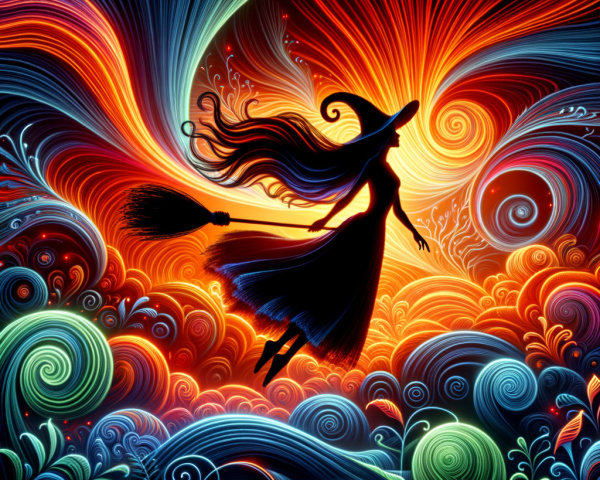 Witch Silhouette in Vibrant Swirling Sky Colors