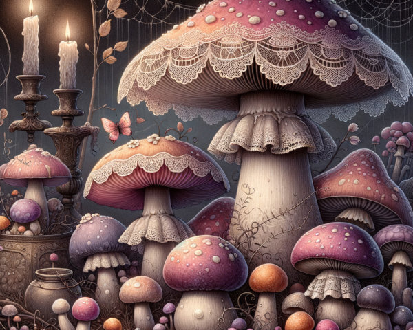Whimsical Forest Scene with Colorful Mushrooms and Butterflies