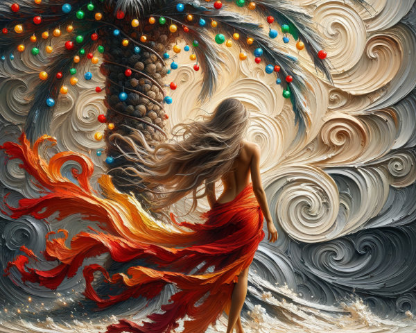 Graceful figure in red by colorful shore lights