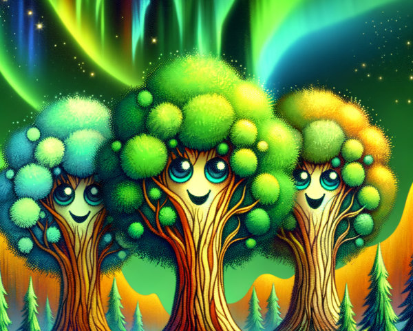 Whimsical Landscape with Cartoonish Trees and Aurora