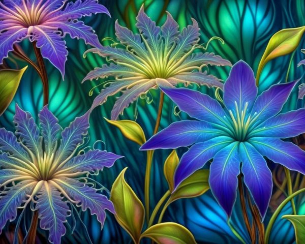 Stylized Floral Arrangement in Blue, Purple, and Green