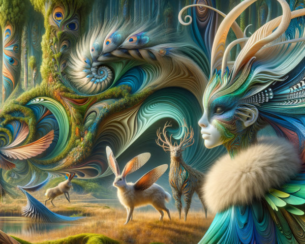Vibrant Fantasy Scene with Mythical Figures and Creatures