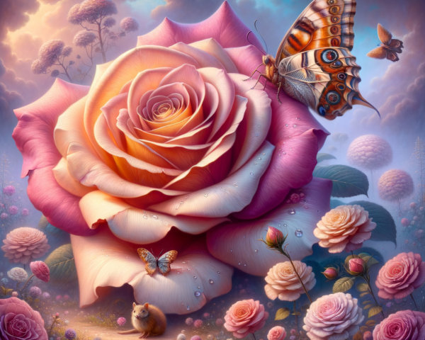 Oversized pink and peach rose with butterflies and mouse