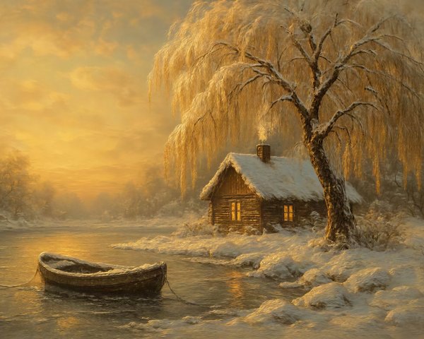 Winter Landscape with Cabin and Frozen Water at Sunset