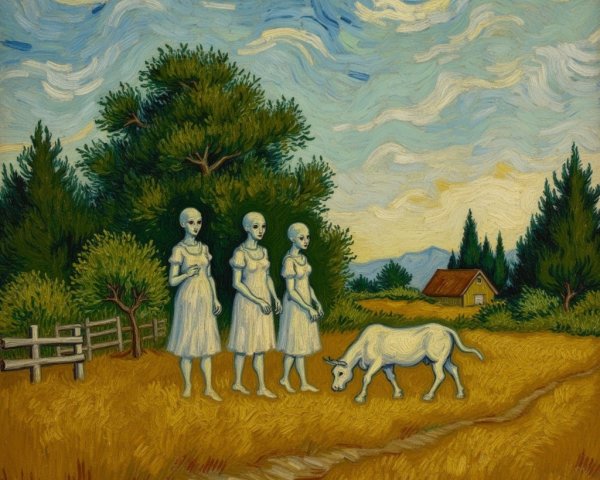 Surreal Landscape with Extraterrestrial Figures and Wheat