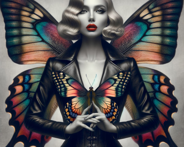 Woman with Platinum Hair and Colorful Butterfly Wings