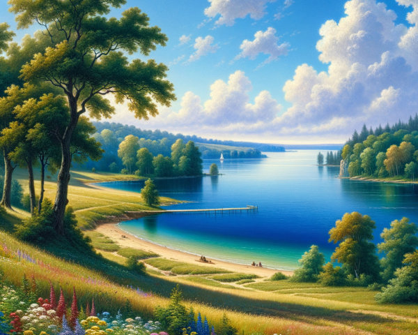 Tranquil Lake Landscape with Greenery and Wildflowers