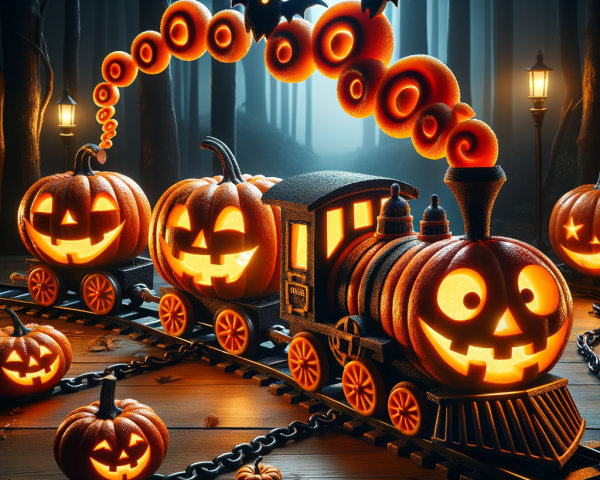 Whimsical Halloween Train of Carved Pumpkins in Forest