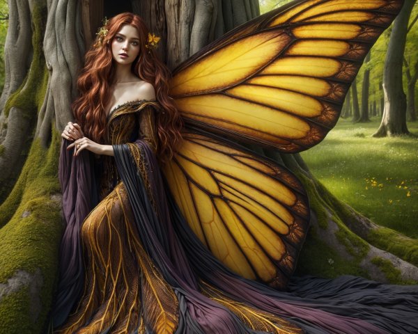 Mystical fairy beside ancient tree with butterfly wings