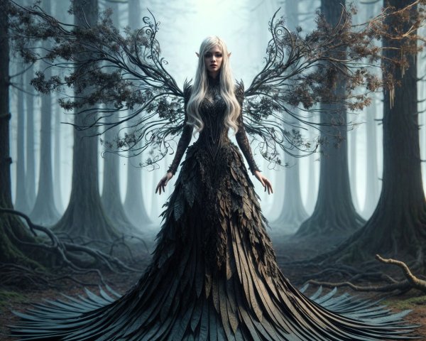 Regal figure in mystical forest with ornate wings