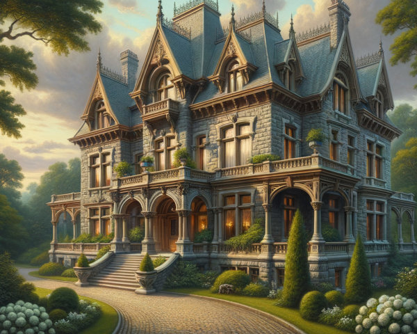 Victorian Mansion with Intricate Woodwork and Gardens