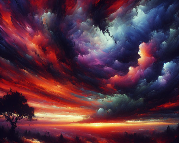Surreal Sunset with Swirling Clouds and Silhouetted Tree