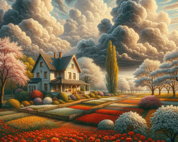 Charming House Amidst Vibrant Flower Fields in Spring