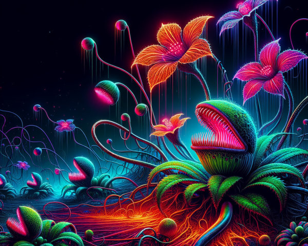 Surreal Landscape with Bioluminescent Flora and Plants