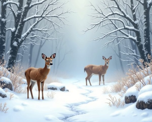 Winter Landscape with Deer and Snowy Trees