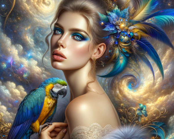 Elegant Woman with Blue Eyes and Peacock Feathers