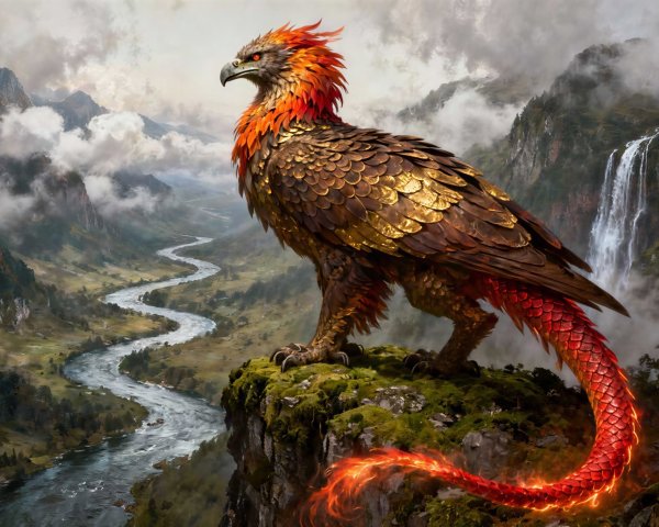 Phoenix-Griffin Hybrid on Cliff Overlooking River Valley