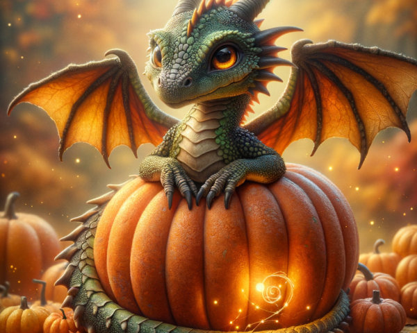 Mythical Dragon on Pumpkin in Whimsical Fall Scene