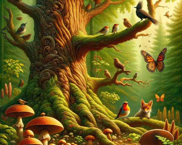 Ancient Tree Surrounded by Woodland Flora and Fauna