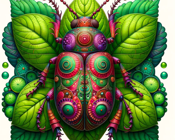 Vibrant Beetle Surrounded by Lush Green Leaves