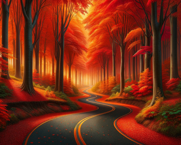 Winding Road Through Vibrant Autumn Forest Foliage