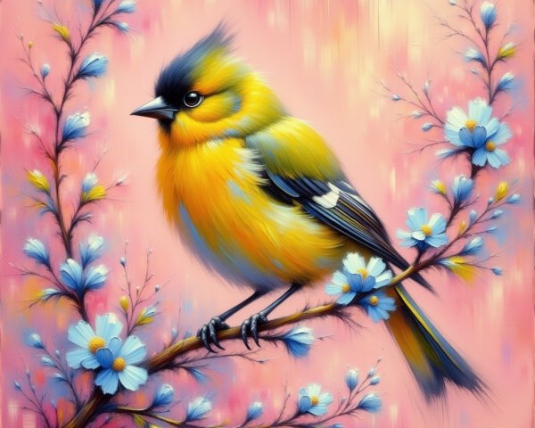 Vibrant Yellow Bird on Branch with Blue Blossoms