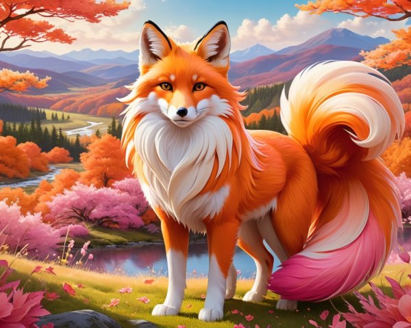 Majestic Fox in Vibrant Autumn Landscape with River
