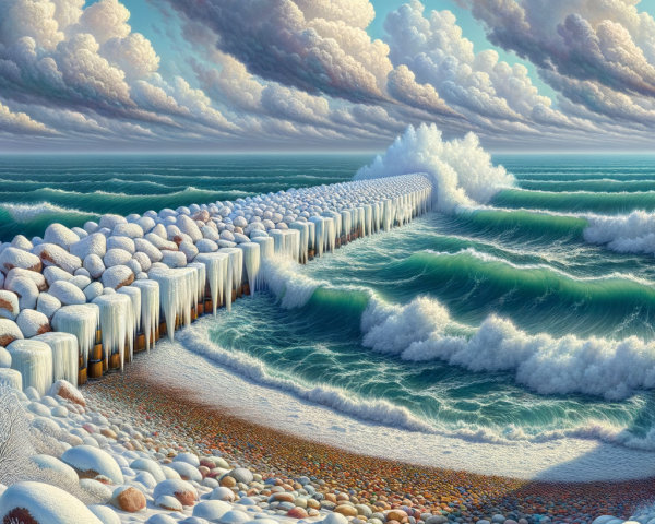 Cold Winter Beach Scene with Dramatic Sky and Waves