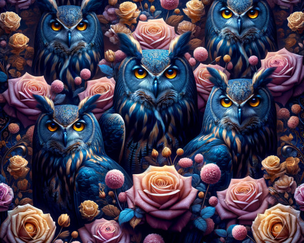 Surreal Artwork of Owls Among Vibrant Roses