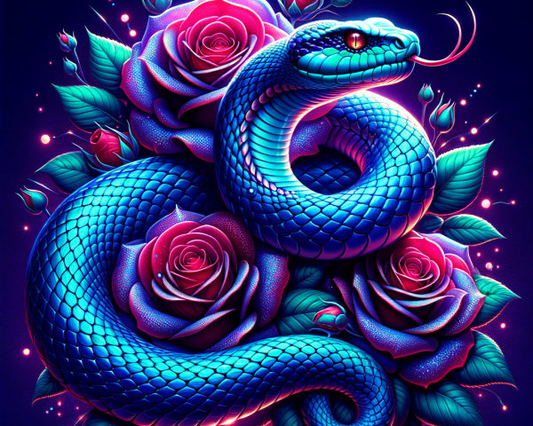 Blue Snake Among Lush Roses in Dark Backdrop