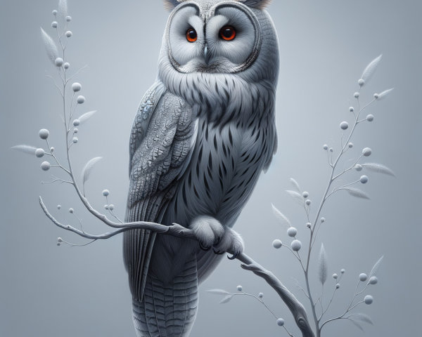 Owl on Branch with Gray Tones and Orange Eyes